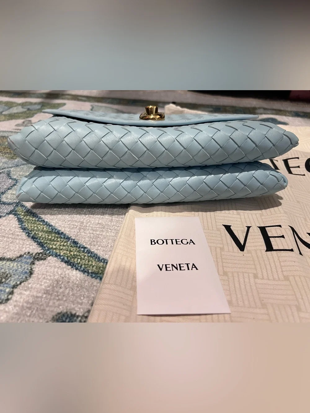 Bottega Veneta Light Blue Intrecciato Leather Crossbody Bag with Gold-Tone Clasp